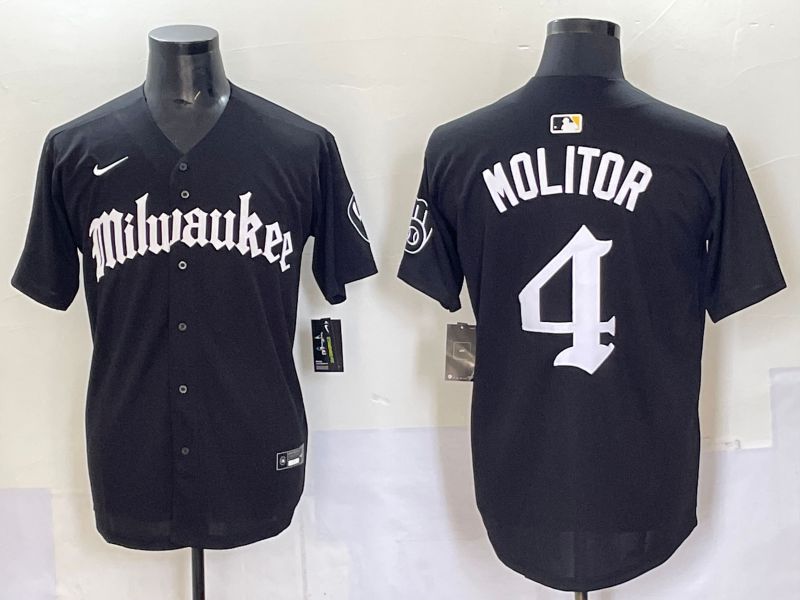 Men 2025 Milwaukee Brewers #4 Molitor Black Five generations Joint Name Nike MLB Jersey style 1
